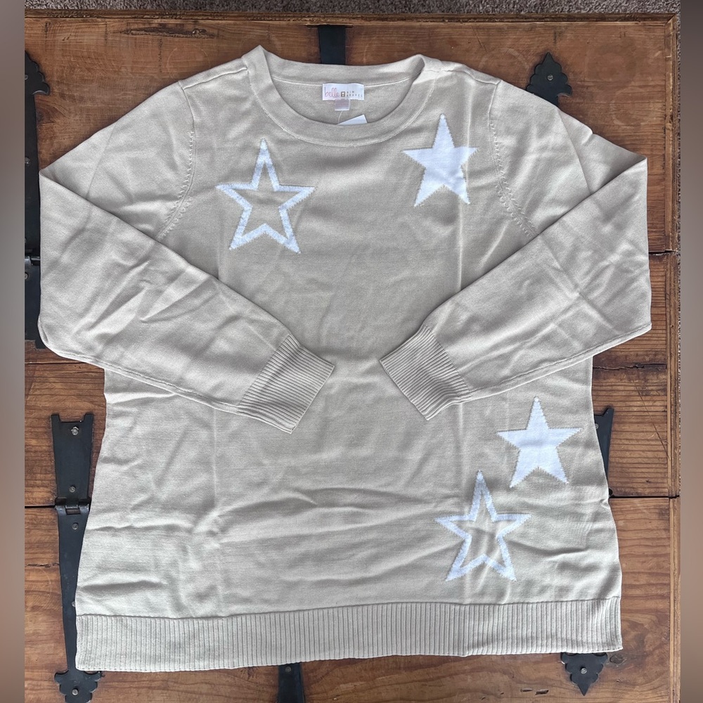 Belle by Kim Gravel Cream Beige Neutral White Star Knit Sweater
